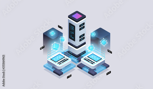 Data analysis processing big data computing, information flow,digital science lab. Tech visualization concept. 3d isometric vector illustration.
