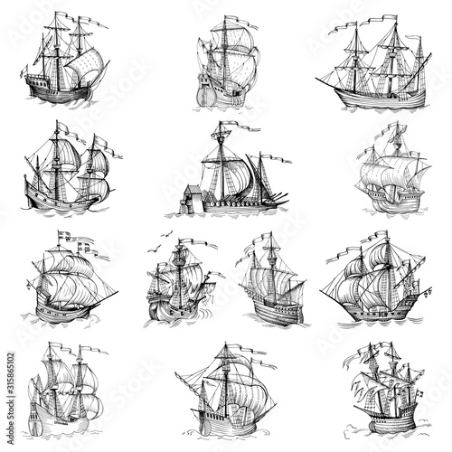 Old caravel, vintage sailboat. Hand drawn vector sketch.