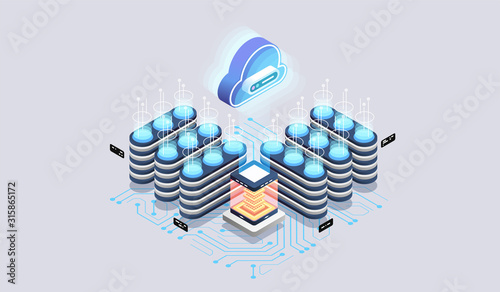Modern cloud technology and networking concept. Cloud database, Futuristic server energy station. Data visualization concept. 3d isometric vector illustration.