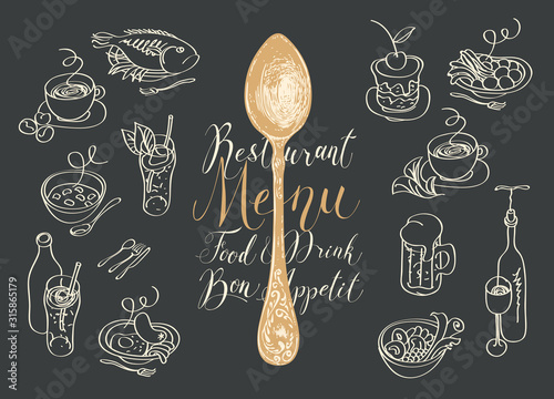 Vector restaurant menu with spoon, sketches of different dishes and handwritten inscriptions on the black background. Drawing chalk on the blackboard. Contour drawings in retro style.