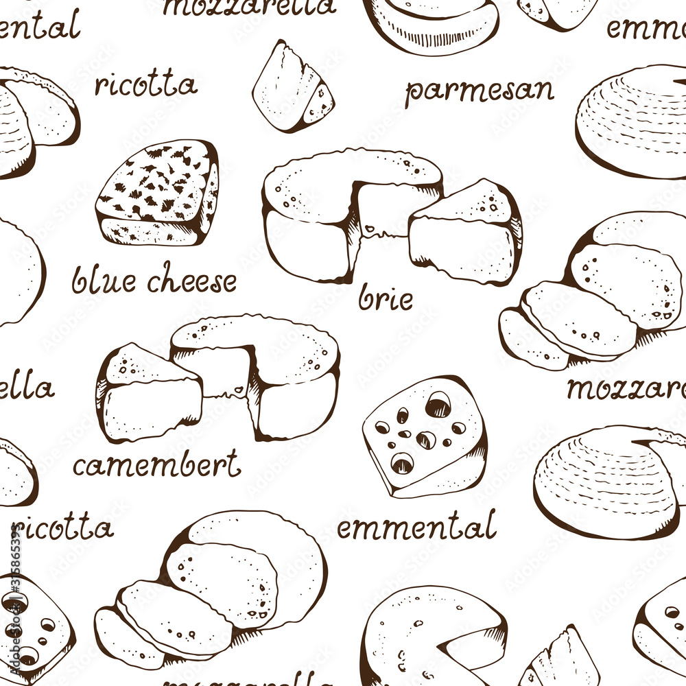 Fototapeta premium Cheese collection seamless vector pattern, isolated on white background, blue cheese, emmental, camembert, mozzarella, ricotta, parmesan with hand drawn text