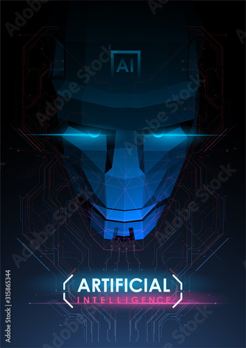 Creative poster with illustration of robot face. Artificial intelligence. Abstract low poly face. Machine learning and cyber mind domination concept.