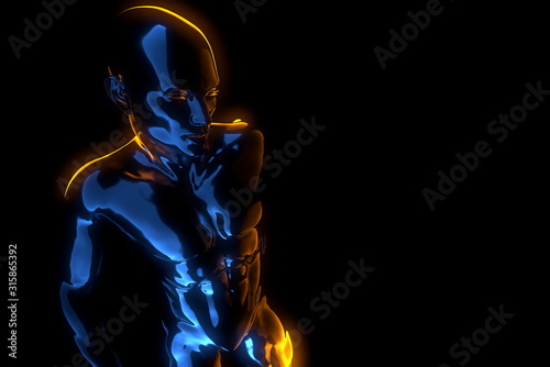 Male torso made of glass or black metal. He have pain and holds his back. Isolated on black background. 3d rendered medical illustration