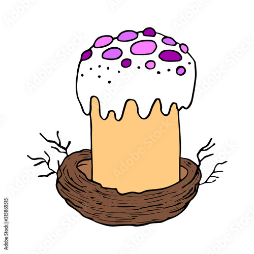 Easter cake in bird's nest isolated on white background. Hand drawn Happy Easter symbol. Paschal cake with candle on plate. Vector stock illustration, template design. Holiday sweet food.Doodle style.