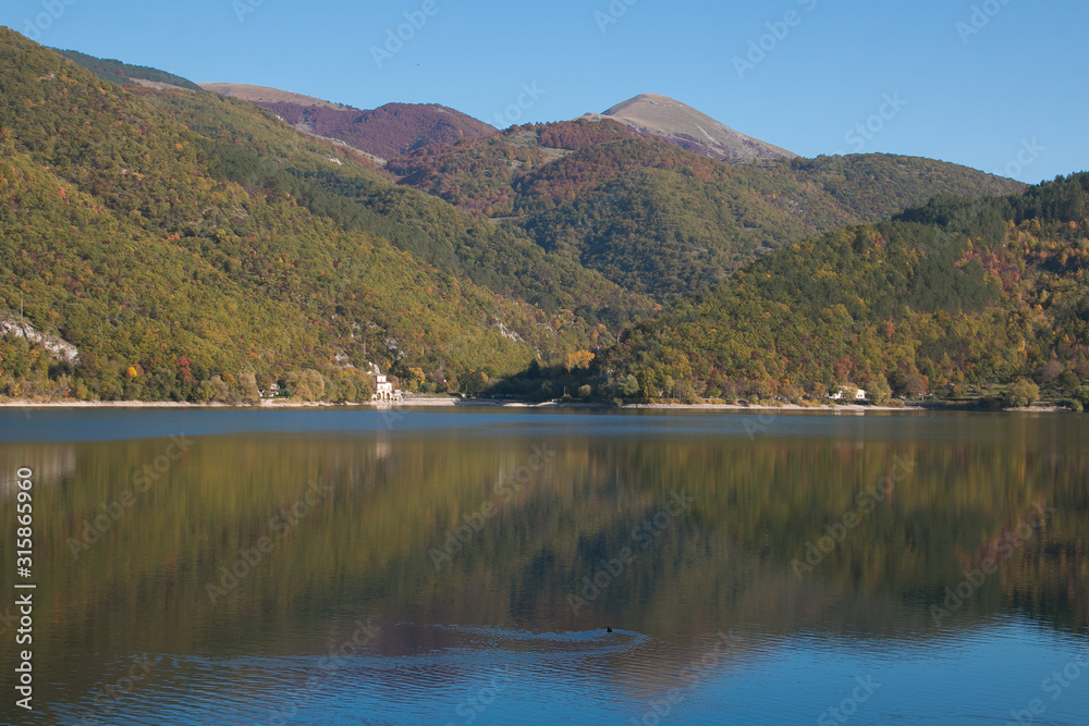 Panoramic view of Scanno lake in the autumn season, Abruzzo