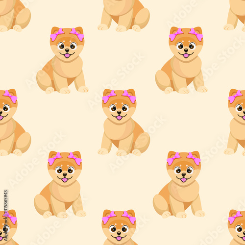 Vector seamless pattern with cute cartoon spitz puppies; children design for fabric, wallpaper, textile, wrapping paper, web design.