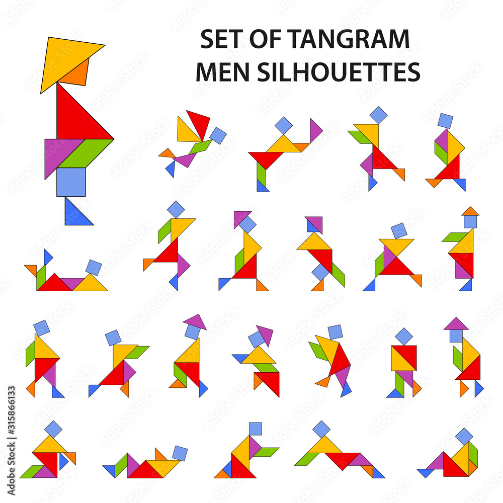 Set of vector tangram puzzles (geometric puzzle) for the development of  logical thinking of children and adults. Collection of 23 color men  silhouettes. Vector illustration Stock Vector | Adobe Stock