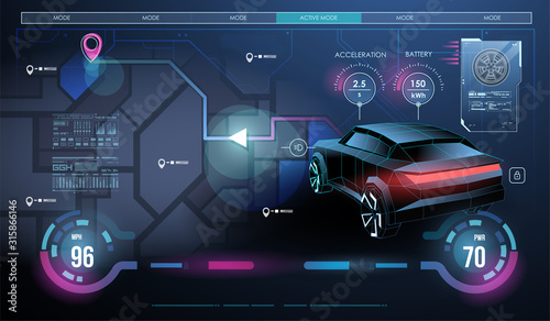 Abstract illustration of a smart or intelligent car. Electric car in low poly style design. CreativeFuturistic Neon Glowing Concept Car Silhouette.