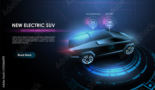 Futuristic automotive technology. Electric car at charging station from lines, mesh and low poly style design. Automotive template for your web, print, marketing advertising.