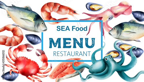 Watercolor sea food menu with fresh fish and mollusc