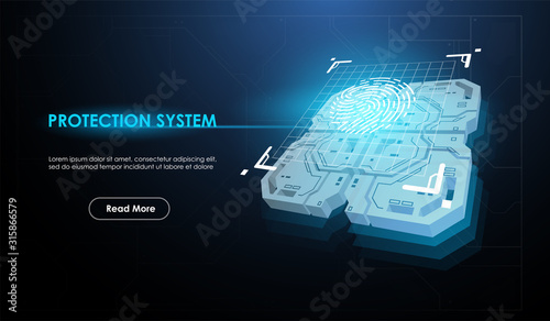 Artificial Intelligence AI chip. CPU concept with futuristic HUD elements. Futuristic microchip processor with biometric id element.