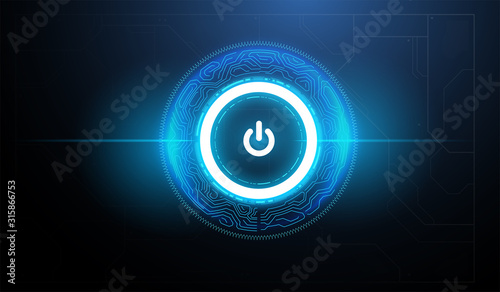 Tech futuristic technology background with power button. Abstract technology ui concept with futuristic hud elements. photo