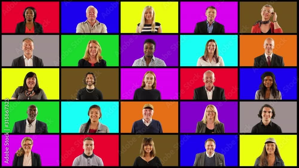 4K: Collage of Multiple people portraits in Squares on Grid – Diverse and mixed ages on Multi-Coloured background - Stock 4K Video Clip Footage