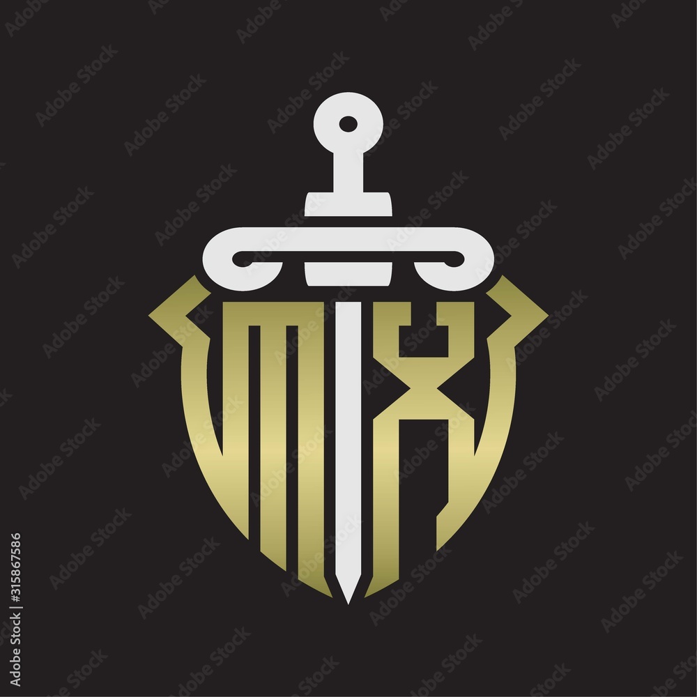 MX Logo monogram with sword and shield combination isolated with gold colors MX Logo monogram with sword and shield combination isolated with gold colors