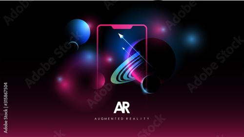 Concept of future visual simulation via smartphone. Augmented reality Concept with Space background. Planet of solar system.