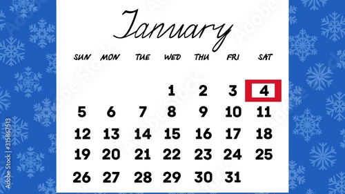 calendar, month of January.the calendar moves the days of the month of January in turn.animated video