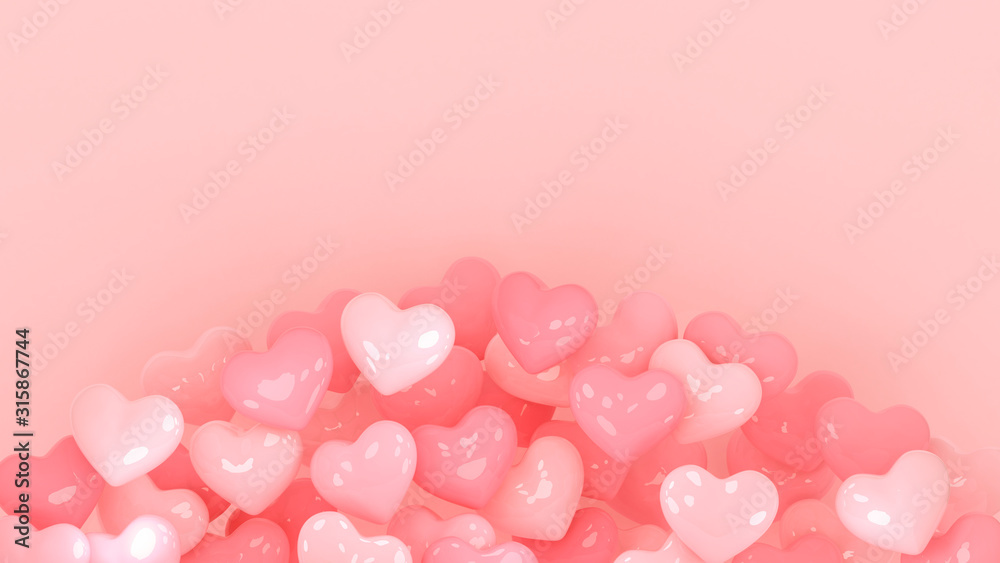 Hearts background. Valentines day wallpaper. 3d illustration. Love, wedding, engagement, marriage celebration. Romantic poster. Pastel peach pink color.