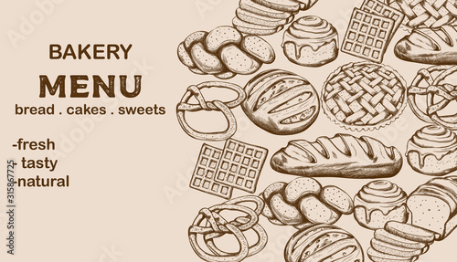 Bakery menu with bread, cakes, sweets and place for text