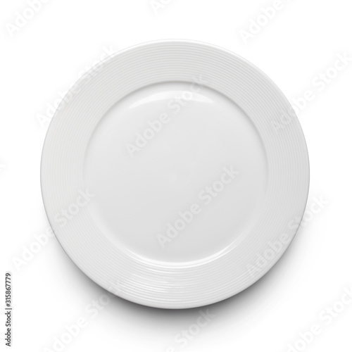 Empty ceramic round plate isolated on white with clipping path. View from above.