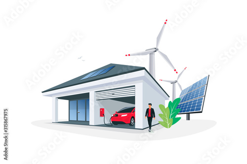 Electric car parking charging at smart house garage wall box charger station stand at family home. Renewable energy solar panel roof and wind turbines in background. Isolated vector illustration. 