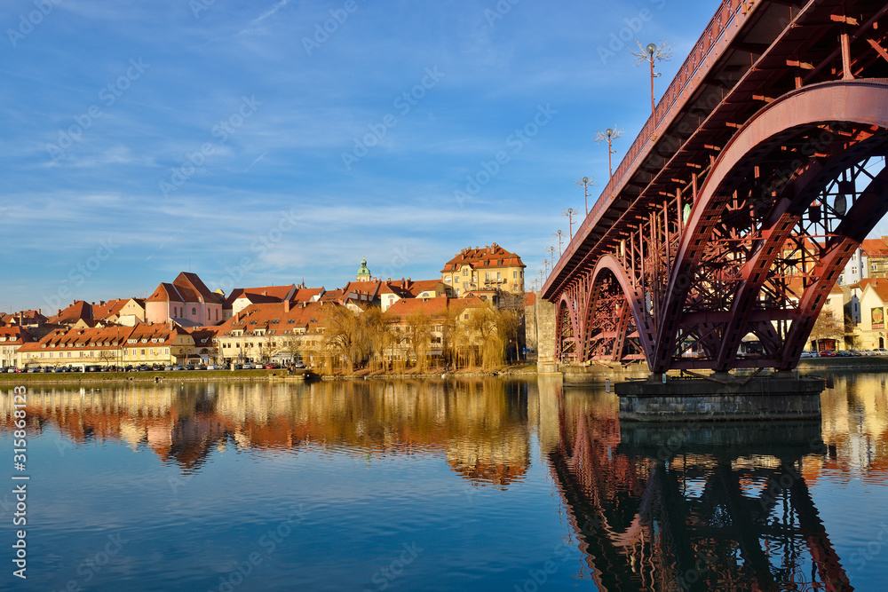 Maribor, Slovenia. Glavni Bridge over the River Drava leading to Maribors old town