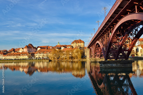 Maribor, Slovenia. Glavni Bridge over the River Drava leading to Maribors old town photo