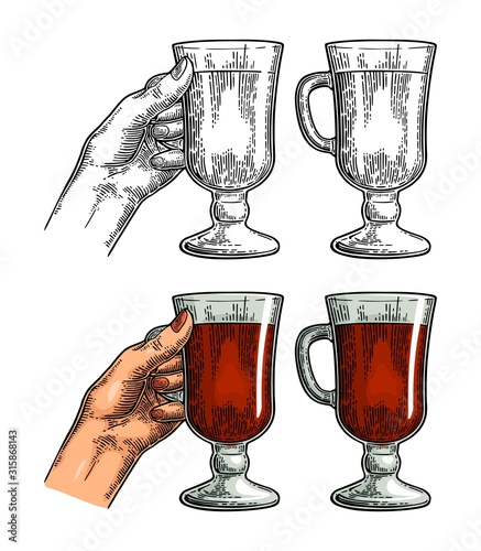 Female hand holding a glass of wine. Vintage vector engraving i