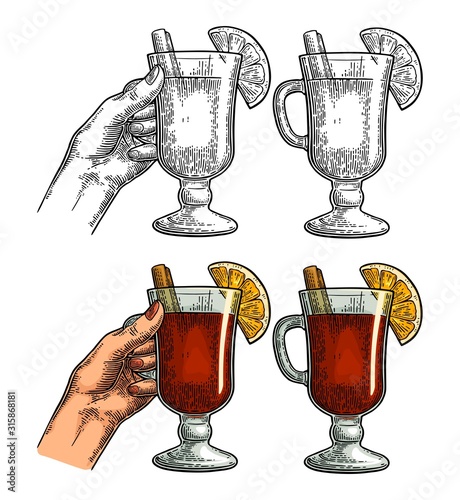 Female hand holding a glass of wine. Vintage vector engraving i
