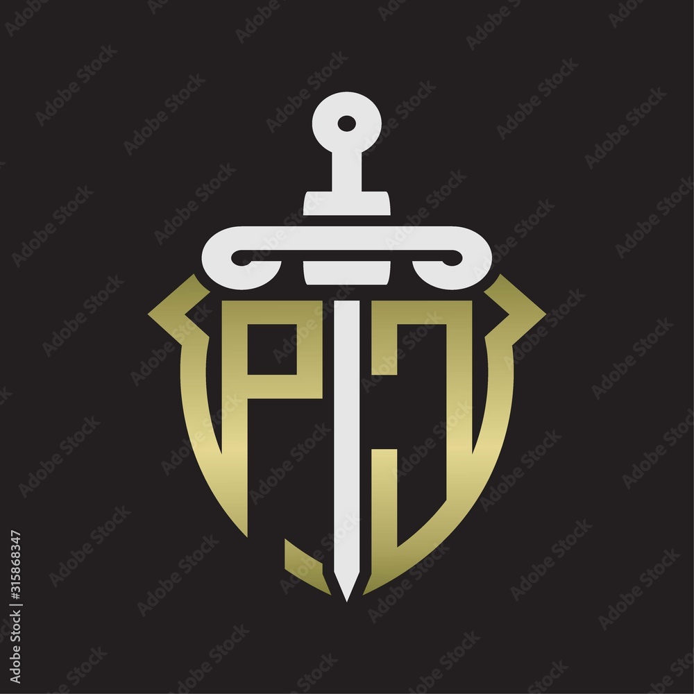 PC Logo monogram with sword and shield combination isolated with gold colors PC Logo monogram with sword and shield combination isolated with gold colors