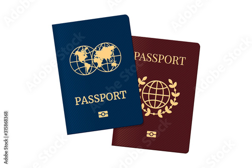 Passport set with world map globe on brown and blue cover. Biometric citizenship identification pass for travel template. Vector illustration
