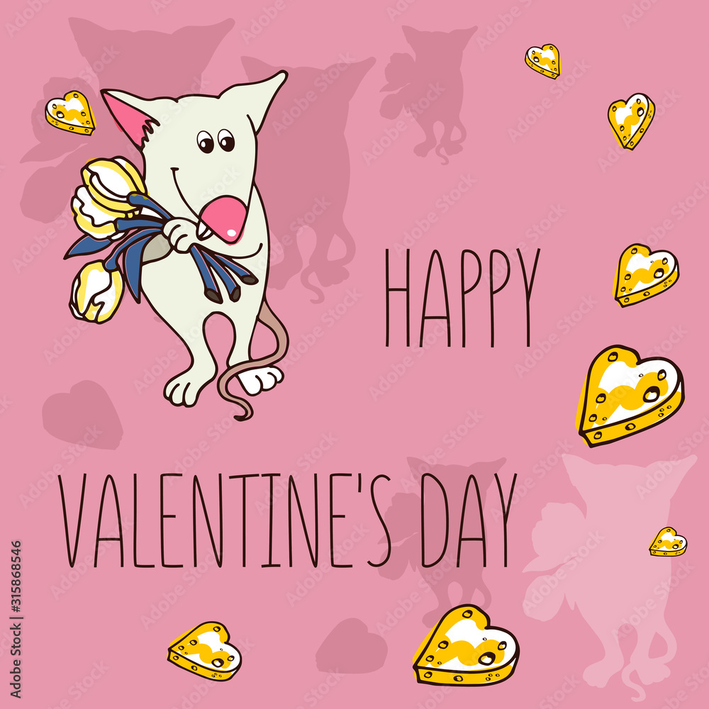 postcard mouse stands with flowers with hearts in the shape of a candy box on a pink background vector postcard mouse stands with flowers with hearts in the shape of a candy box on a pink background vector