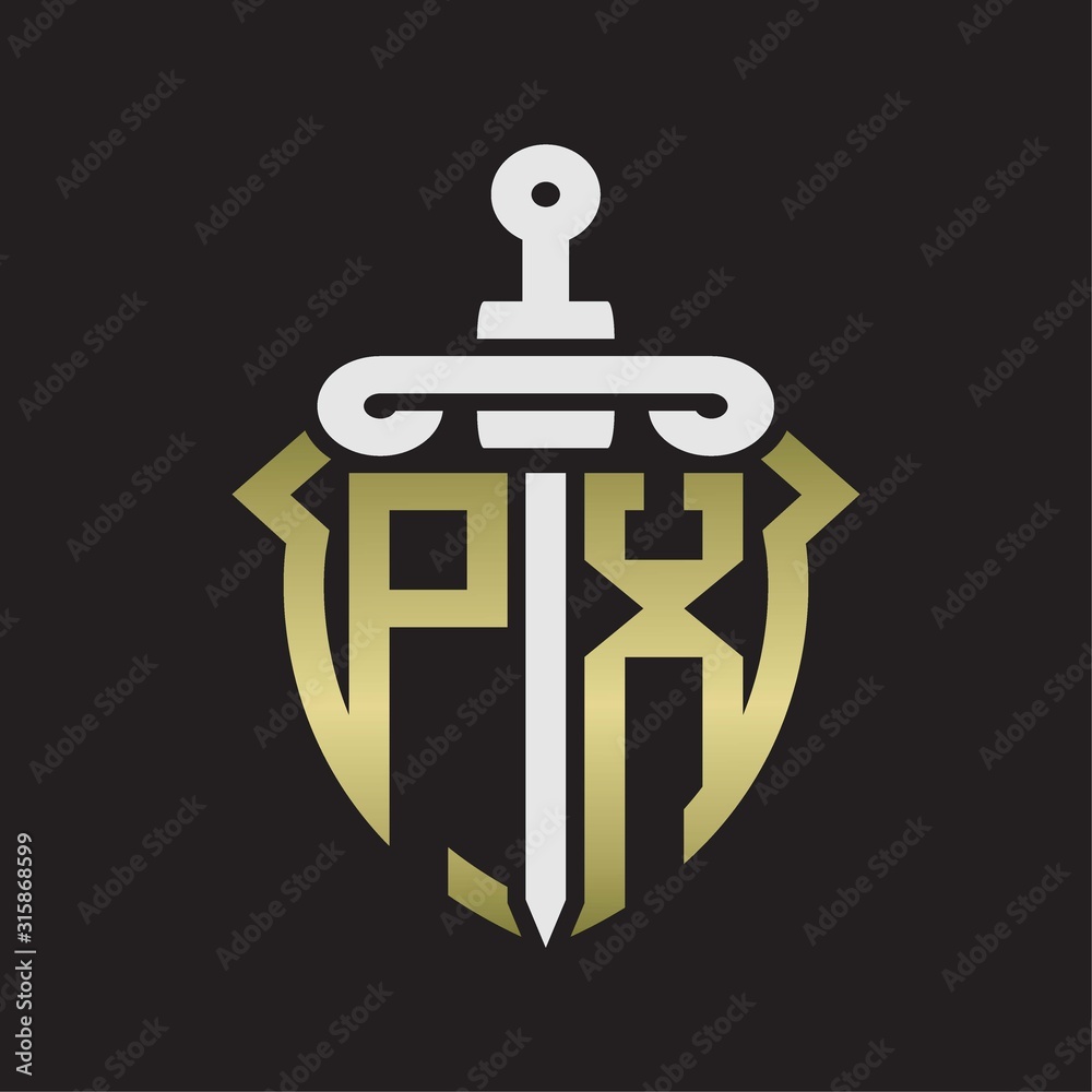PX Logo monogram with sword and shield combination isolated with gold colors PX Logo monogram with sword and shield combination isolated with gold colors