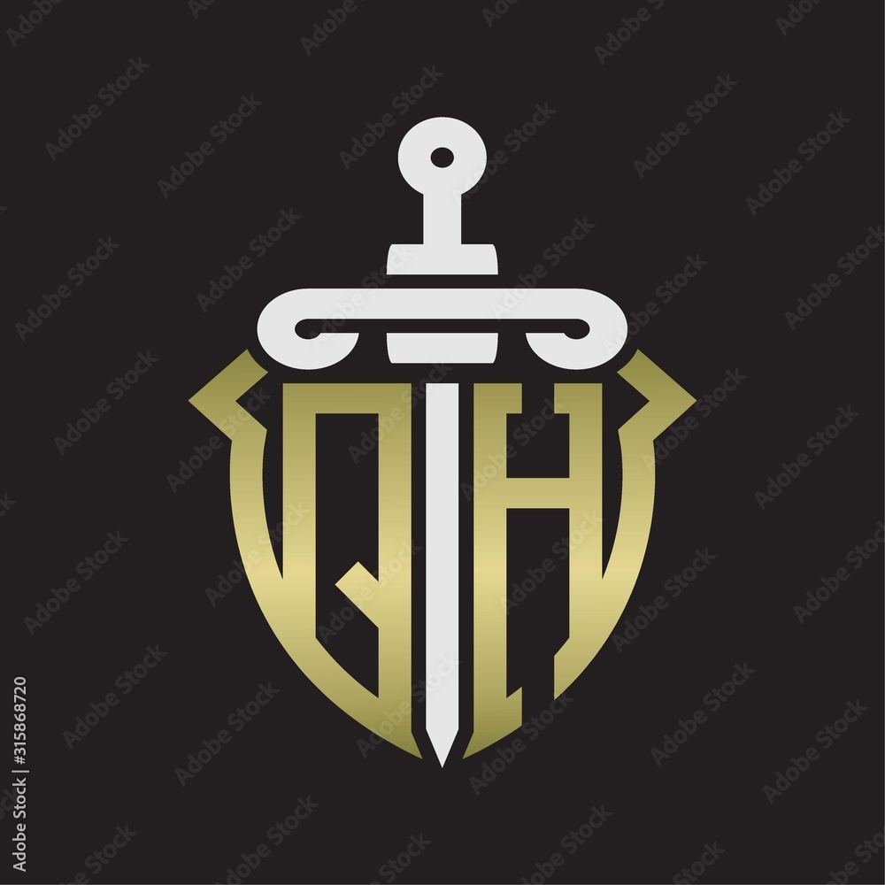 QH Logo monogram with sword and shield combination isolated with gold colors QH Logo monogram with sword and shield combination isolated with gold colors