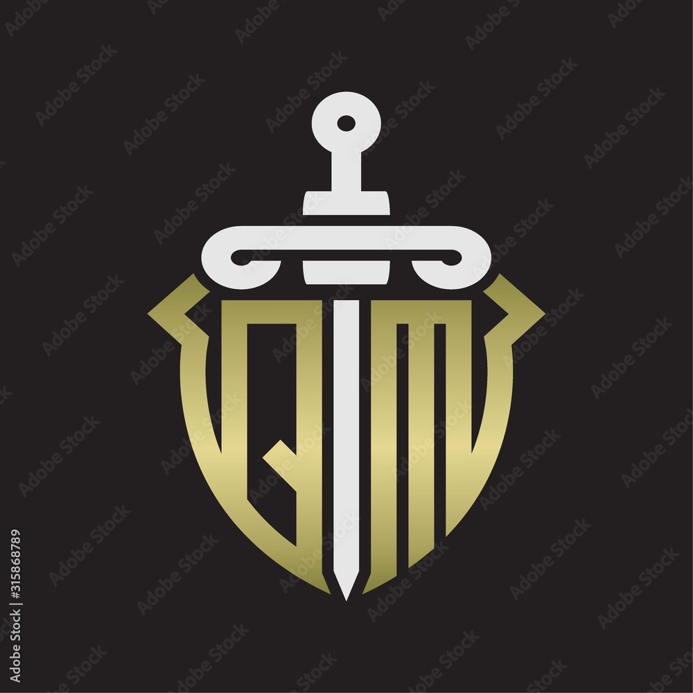 QM Logo monogram with sword and shield combination isolated with gold colors QM Logo monogram with sword and shield combination isolated with gold colors
