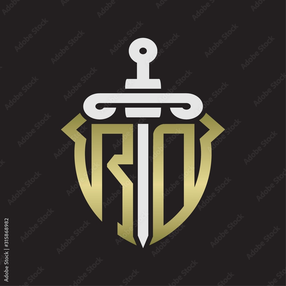RD Logo monogram with sword and shield combination isolated with gold colors RD Logo monogram with sword and shield combination isolated with gold colors