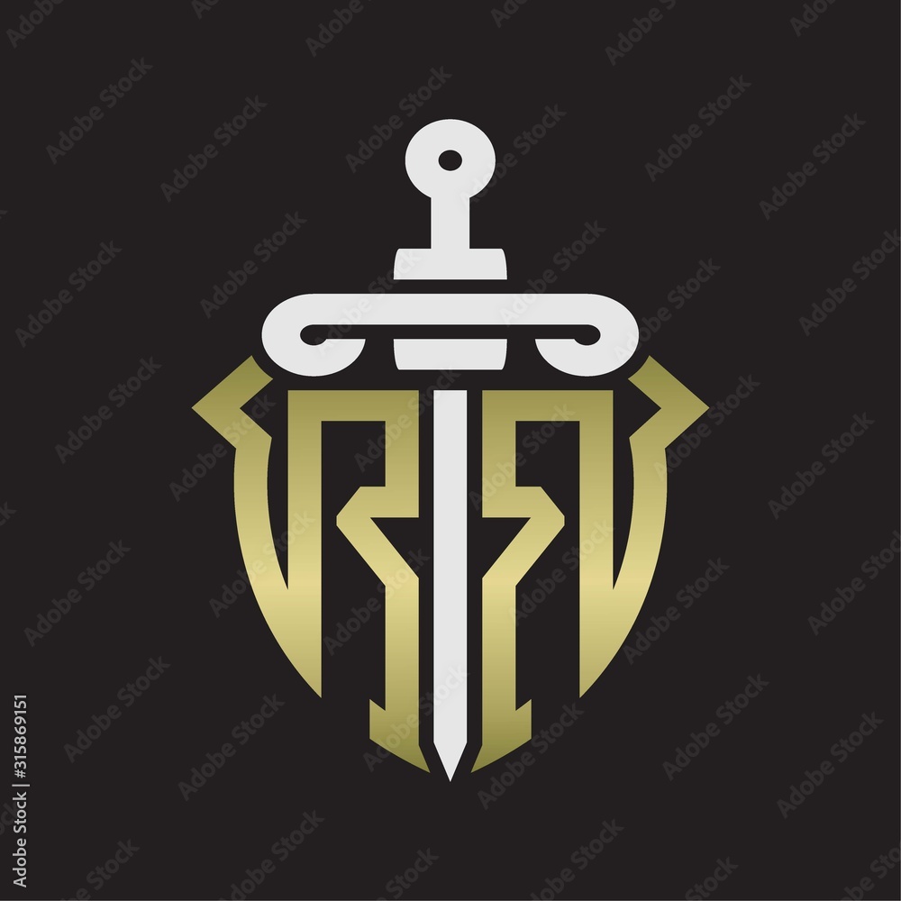RR Logo monogram with sword and shield combination isolated with gold colors RR Logo monogram with sword and shield combination isolated with gold colors
