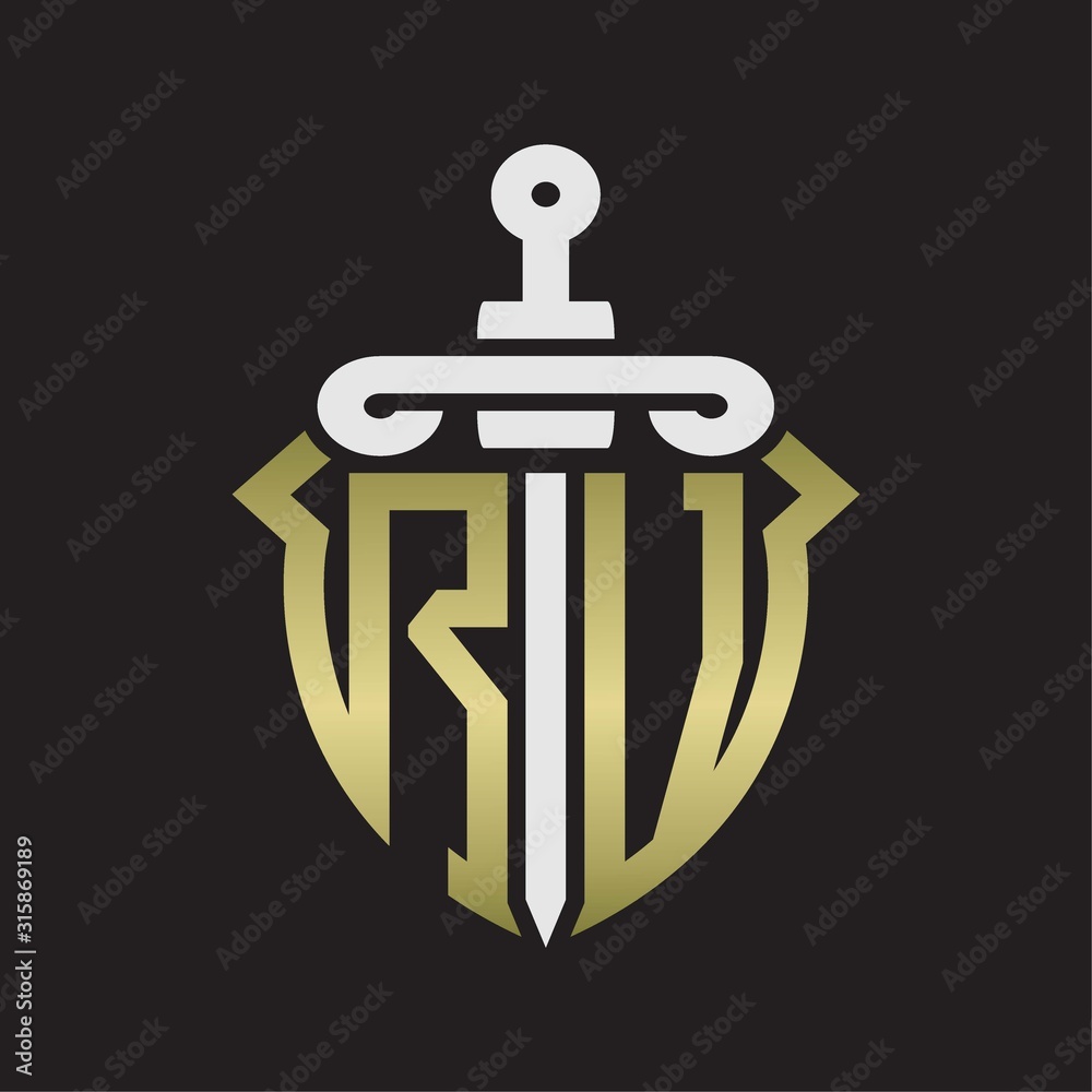 RV Logo monogram with sword and shield combination isolated with gold colors RV Logo monogram with sword and shield combination isolated with gold colors