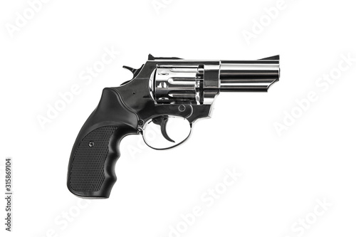 silver gun revolver isolate on white background. Weapons for sports and self-defense.