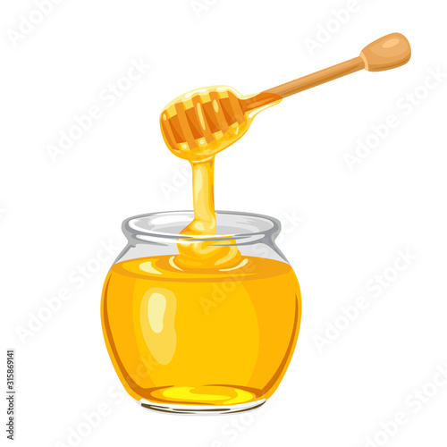 Honey dripping from wooden dipper. Glass jar full of pure honey isolated on white background. Vector illustration of delicious organic sweets in cartoon flat style.