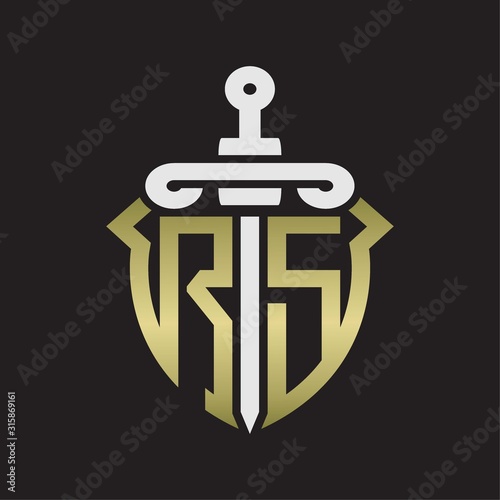 RS Logo monogram with sword and shield combination isolated with gold colors