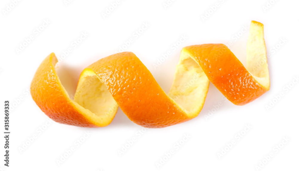 Swirly orange peel isolated on white background, top view Swirly orange peel isolated on white background, top view