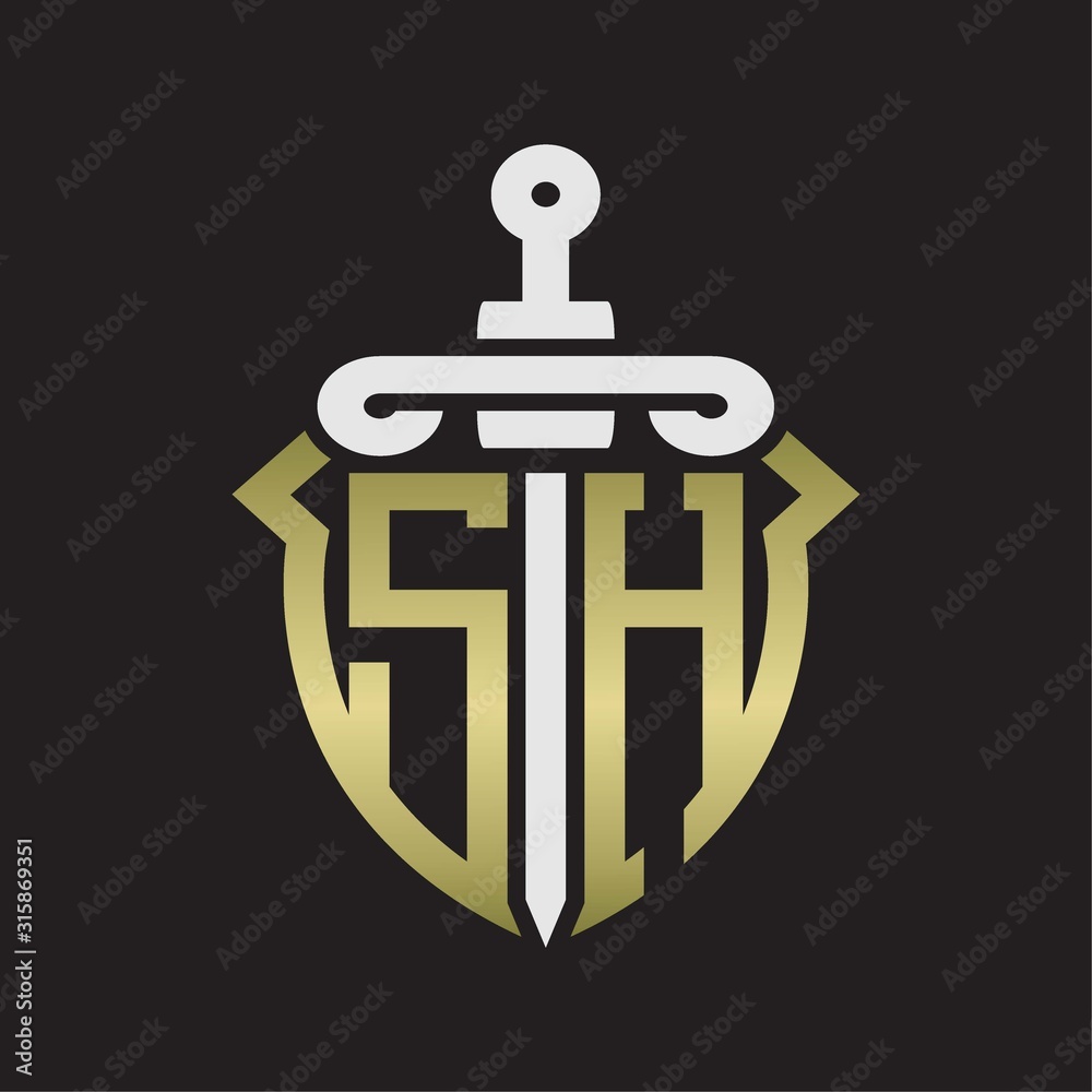 SH Logo monogram with sword and shield combination isolated with gold colors SH Logo monogram with sword and shield combination isolated with gold colors