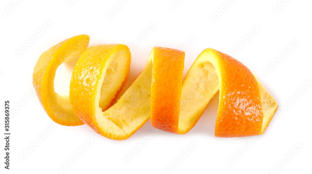 Swirly orange peel isolated on white background, top view Swirly orange peel isolated on white background, top view