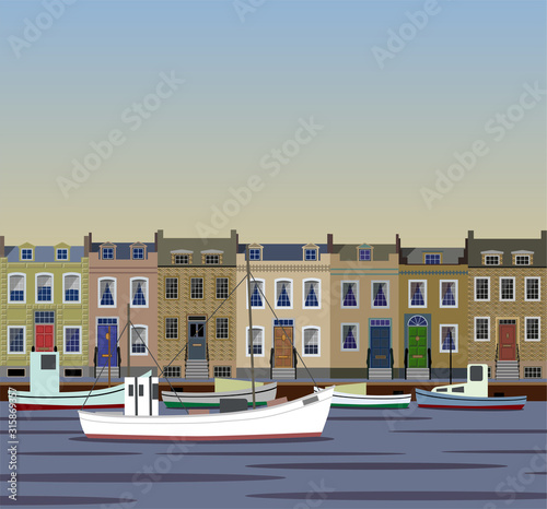 Harbour house facades from a traditional North Europe fishing village,