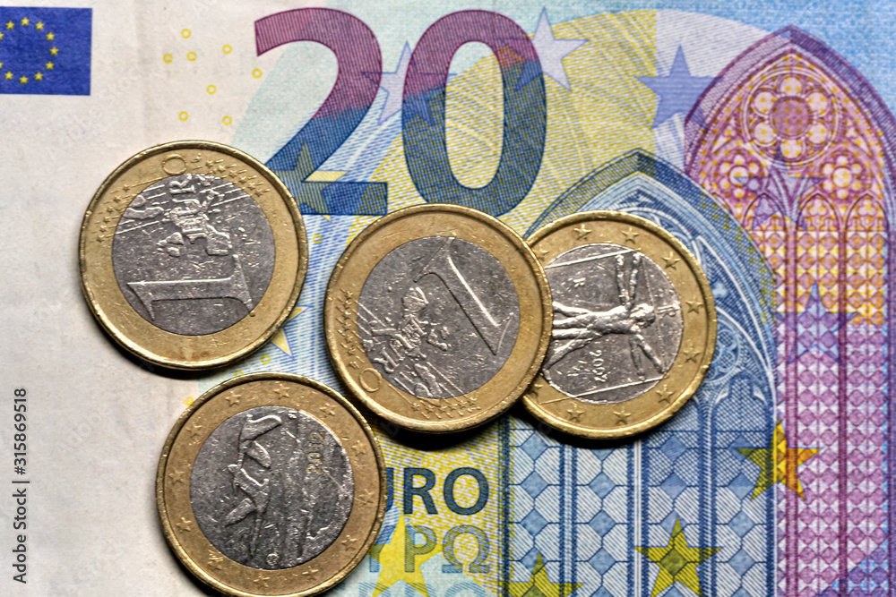 20 Euro banknotes money (EUR) and 2 euro coins