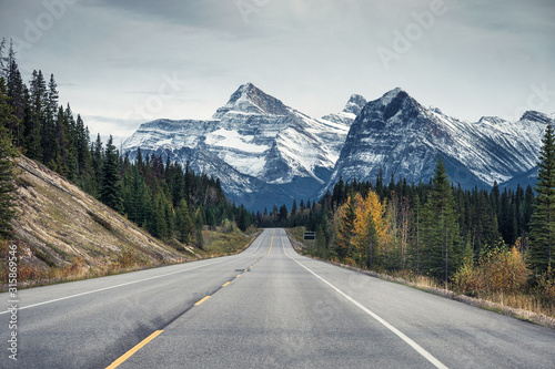 Highway with rocky mountains in autumn forest