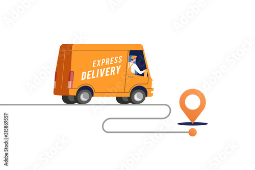 Express delivery truck with man is carrying parcels on points. Vector illustration.