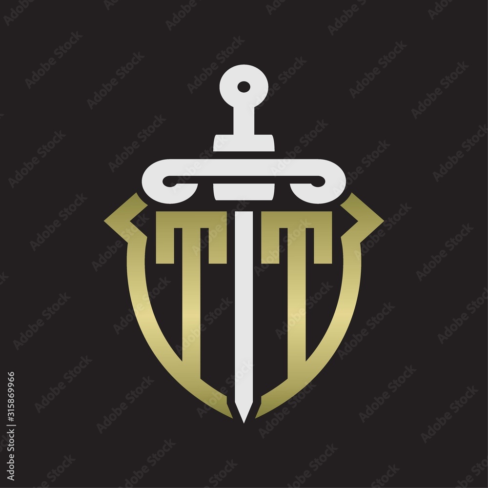 TT Logo monogram with sword and shield combination isolated with gold colors TT Logo monogram with sword and shield combination isolated with gold colors
