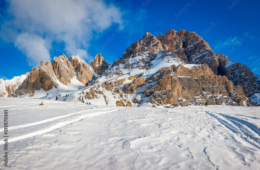 A view of Mount Cristallo during winter season, a ski resort in Cortina d'Ampezzo, Italy
