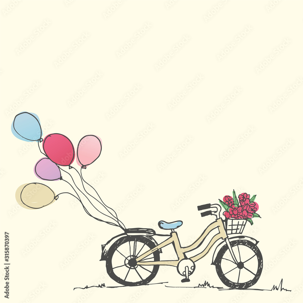 Valentines holiday card. Hand drawn cute bicycle and balloon, vector and illustration.